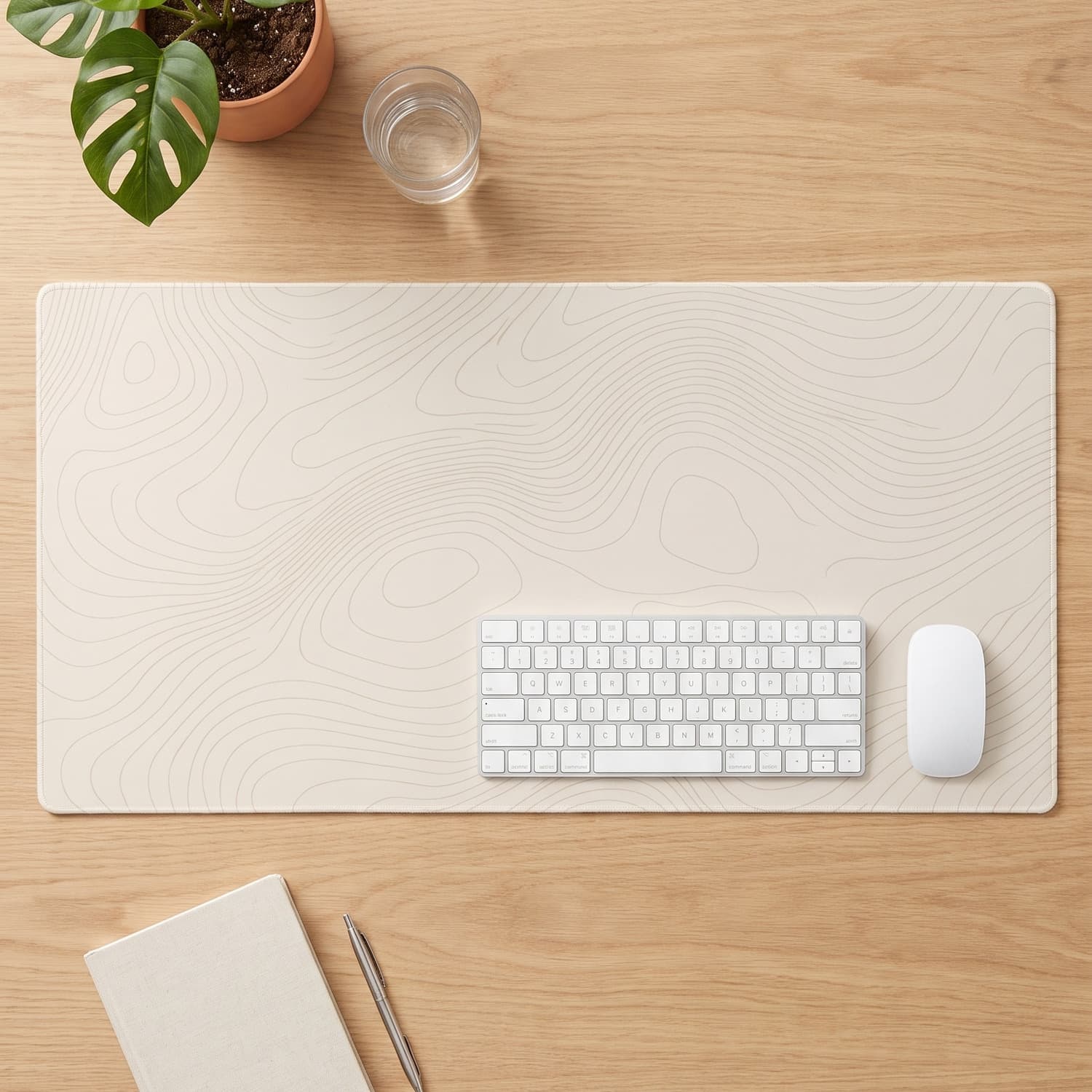 Minimal Desk Mat — Contour 01 — Soft topographic lines on warm cream.